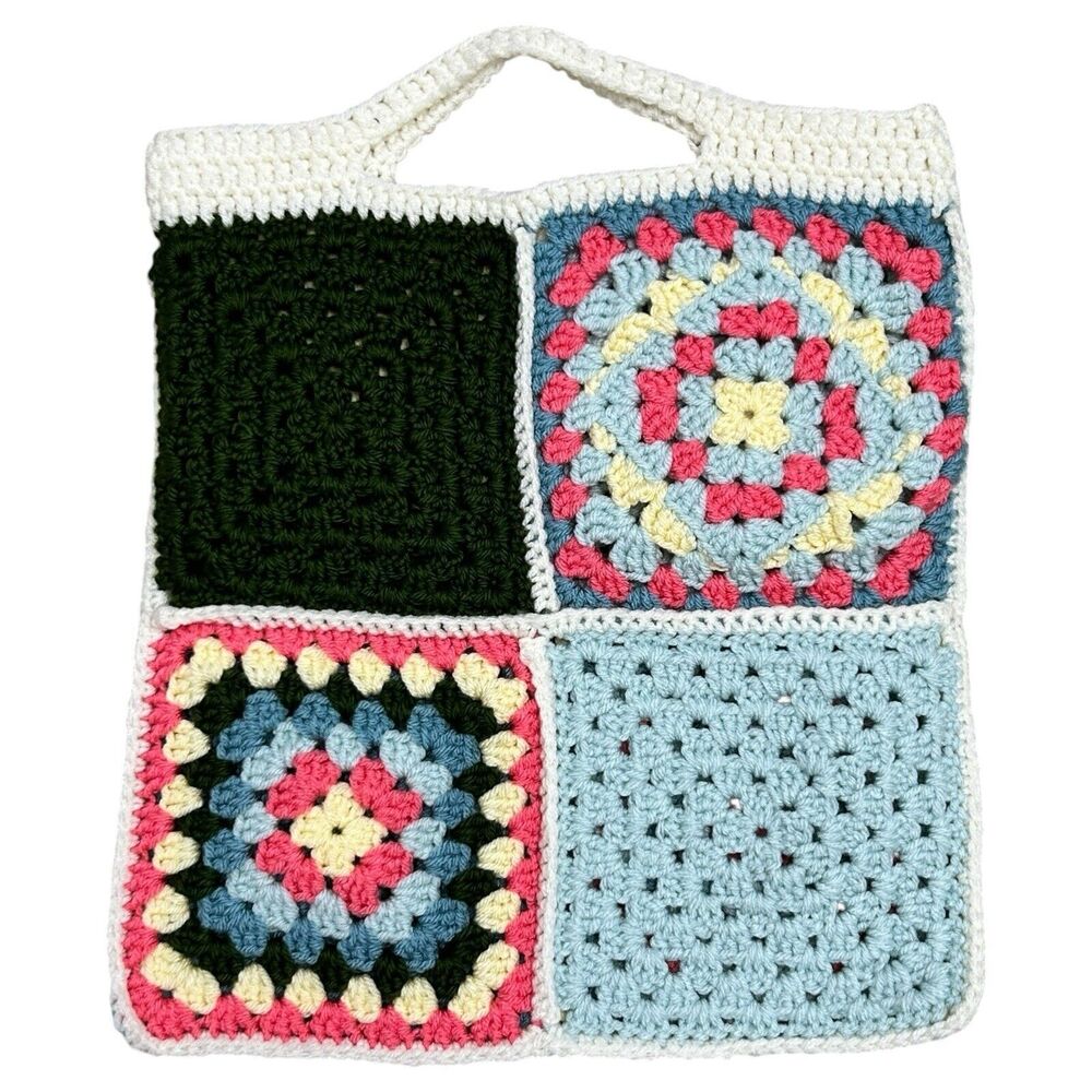 Handmade Crochet Granny Squares Colorful Pattern Hand Bag Purse Tote 15"x13"